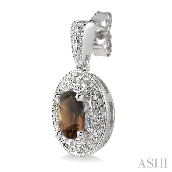 7x5 MM Oval Cut Smoky Quartz and 1/20 Ctw Round Cut Diamond Earrings in Sterling Silver