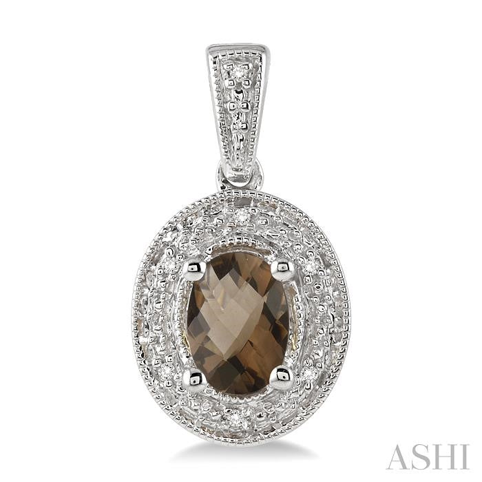 7x5 MM Oval Cut Smoky Quartz and 1/20 Ctw Round Cut Diamond Earrings in Sterling Silver
