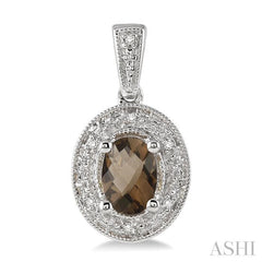 7x5 MM Oval Cut Smoky Quartz and 1/20 Ctw Round Cut Diamond Earrings in Sterling Silver