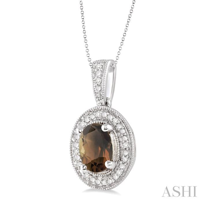 8x6 MM Oval Cut Smoky Quartz and 1/20 Ctw Round Cut Diamond Pendant in Sterling Silver with Chain