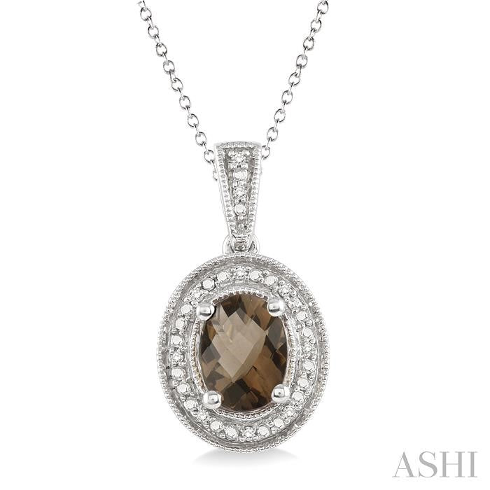 8x6 MM Oval Cut Smoky Quartz and 1/20 Ctw Round Cut Diamond Pendant in Sterling Silver with Chain