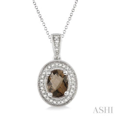 8x6 MM Oval Cut Smoky Quartz and 1/20 Ctw Round Cut Diamond Pendant in Sterling Silver with Chain