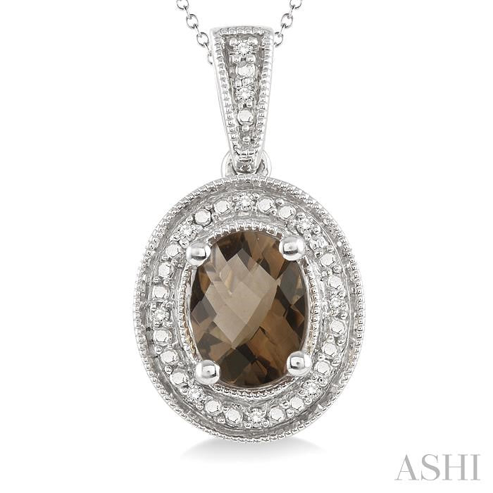 8x6 MM Oval Cut Smoky Quartz and 1/20 Ctw Round Cut Diamond Pendant in Sterling Silver with Chain