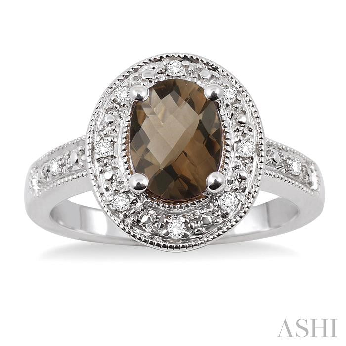 8x6 MM Oval Cut Smoky Quartz and 1/20 Ctw Round Cut Diamond Ring in Sterling Silver