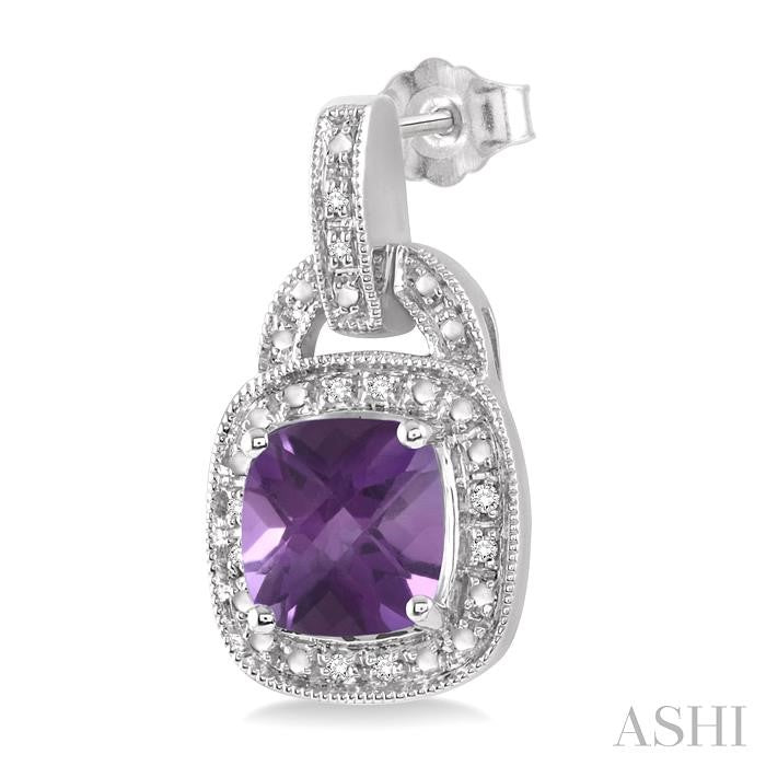 8x8 MM Cushion Shape Amethyst and 1/10 Ctw Round Cut Diamond Earrings in Sterling Silver