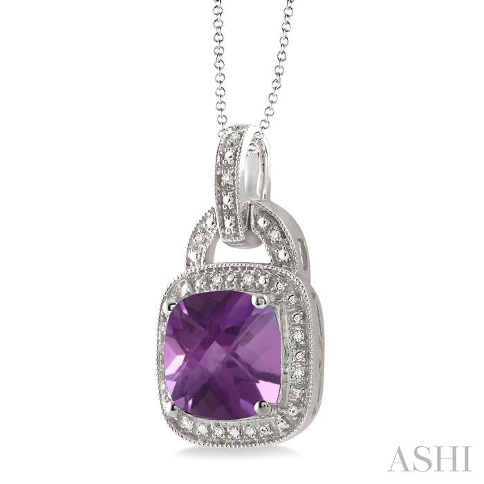 10x10 MM Cushion Shape Amethyst and 1/20 Ctw Round Cut Diamond Pendant in Sterling Silver with Chain