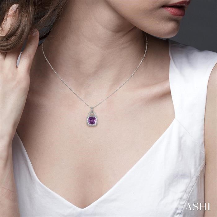 10x10 MM Cushion Shape Amethyst and 1/20 Ctw Round Cut Diamond Pendant in Sterling Silver with Chain