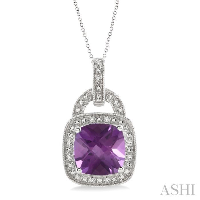 10x10 MM Cushion Shape Amethyst and 1/20 Ctw Round Cut Diamond Pendant in Sterling Silver with Chain