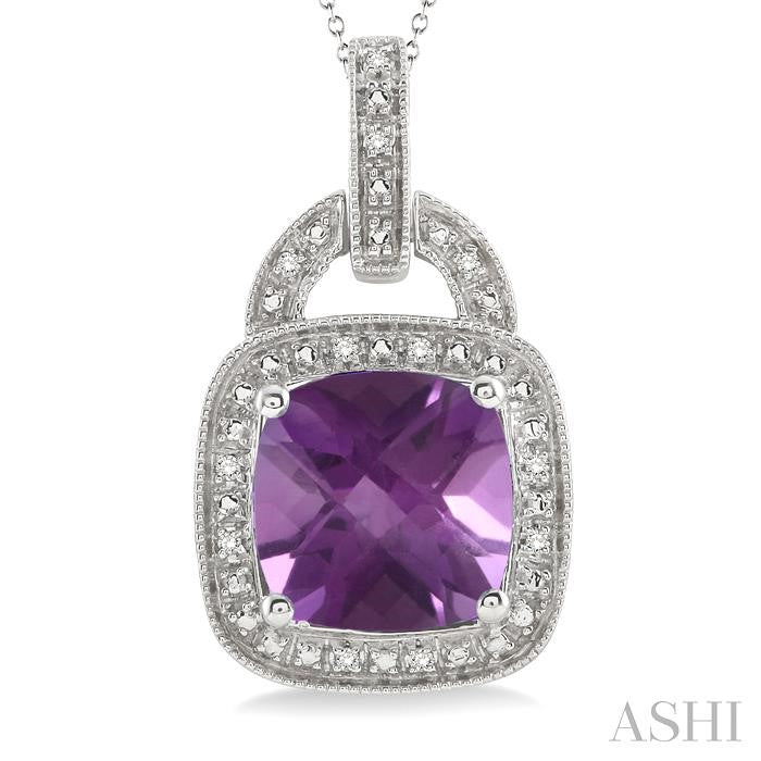 10x10 MM Cushion Shape Amethyst and 1/20 Ctw Round Cut Diamond Pendant in Sterling Silver with Chain