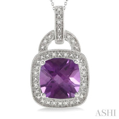10x10 MM Cushion Shape Amethyst and 1/20 Ctw Round Cut Diamond Pendant in Sterling Silver with Chain