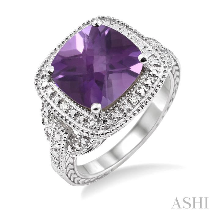 10x10 MM Cushion Shape Amethyst and 1/20 Ctw Round Cut Diamond Ring in Sterling Silver