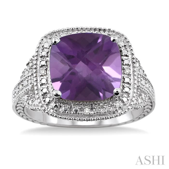 10x10 MM Cushion Shape Amethyst and 1/20 Ctw Round Cut Diamond Ring in Sterling Silver