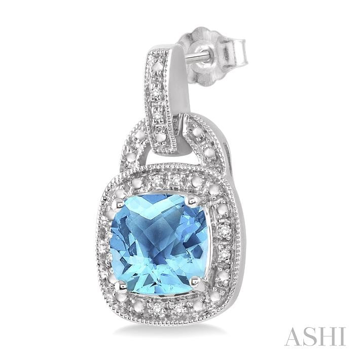 8x8 MM Cushion Shape Blue Topaz and 1/10 Ctw Round Cut Diamond Earrings in Sterling Silver
