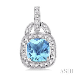 8x8 MM Cushion Shape Blue Topaz and 1/10 Ctw Round Cut Diamond Earrings in Sterling Silver