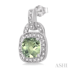 8x8 MM Cushion Shape Green Amethyst and 1/10 Ctw Round Cut Diamond Earrings in Sterling Silver