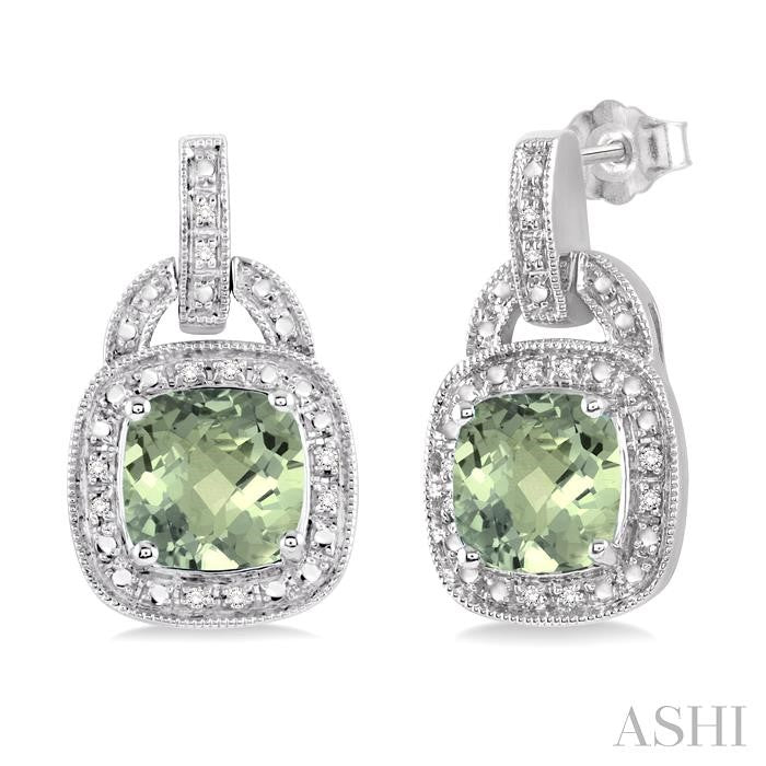 8x8 MM Cushion Shape Green Amethyst and 1/10 Ctw Round Cut Diamond Earrings in Sterling Silver