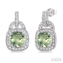 8x8 MM Cushion Shape Green Amethyst and 1/10 Ctw Round Cut Diamond Earrings in Sterling Silver