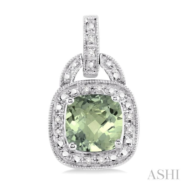8x8 MM Cushion Shape Green Amethyst and 1/10 Ctw Round Cut Diamond Earrings in Sterling Silver