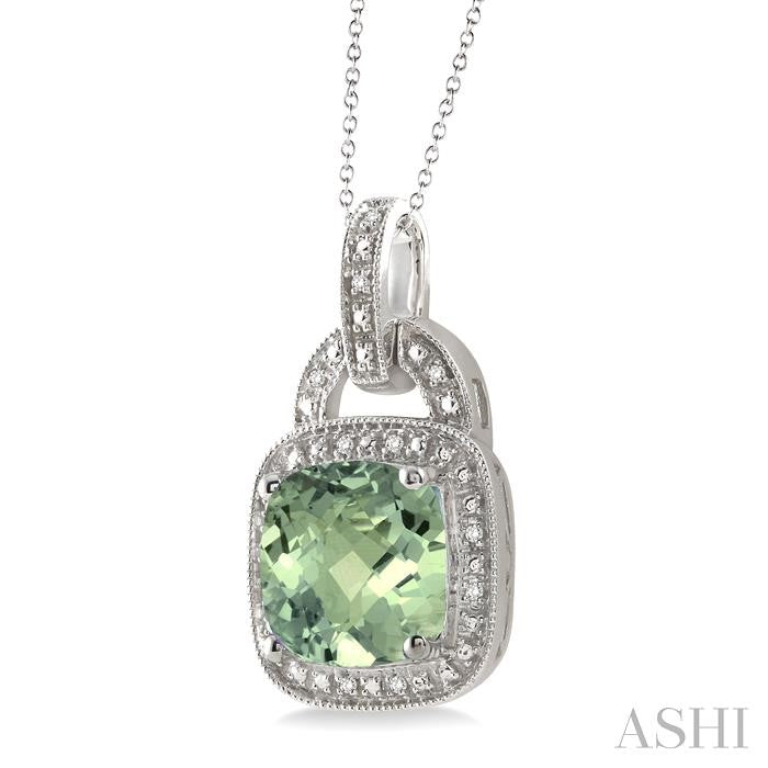 10x10 MM Cushion Shape Green Amethyst and 1/20 Ctw Round Cut Diamond Pendant in Sterling Silver with Chain