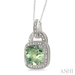 10x10 MM Cushion Shape Green Amethyst and 1/20 Ctw Round Cut Diamond Pendant in Sterling Silver with Chain