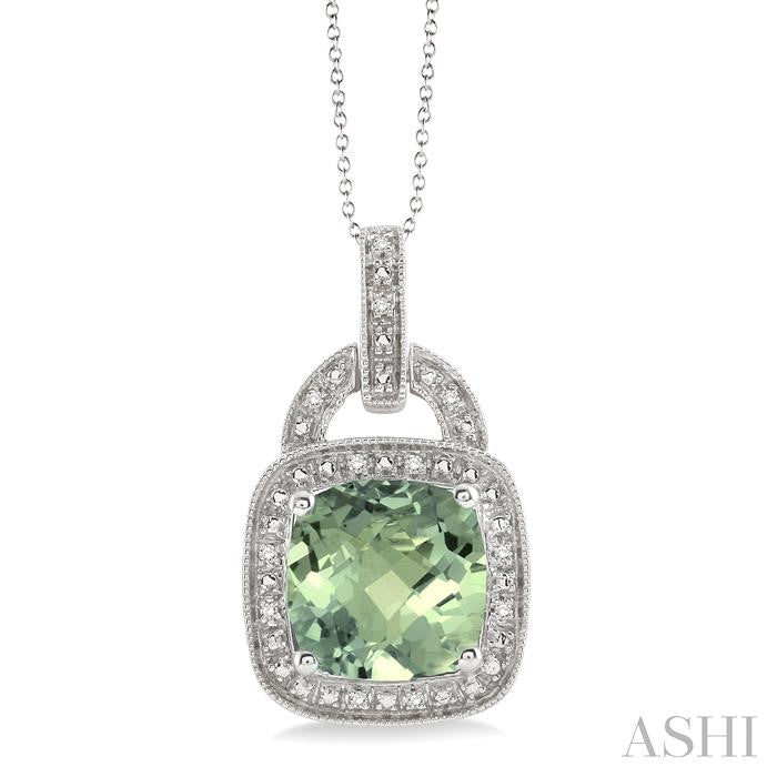 10x10 MM Cushion Shape Green Amethyst and 1/20 Ctw Round Cut Diamond Pendant in Sterling Silver with Chain
