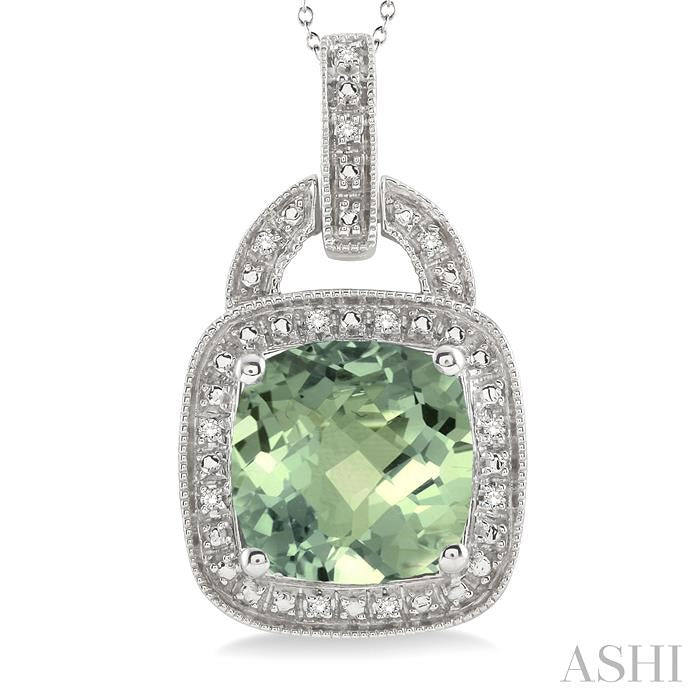 10x10 MM Cushion Shape Green Amethyst and 1/20 Ctw Round Cut Diamond Pendant in Sterling Silver with Chain