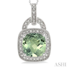 10x10 MM Cushion Shape Green Amethyst and 1/20 Ctw Round Cut Diamond Pendant in Sterling Silver with Chain