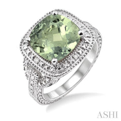 10x10 MM Cushion Shape Green Amethyst and 1/20 Ctw Round Cut Diamond Ring in Sterling Silver