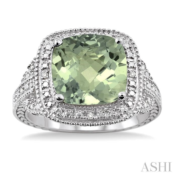 10x10 MM Cushion Shape Green Amethyst and 1/20 Ctw Round Cut Diamond Ring in Sterling Silver