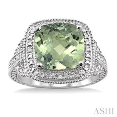 10x10 MM Cushion Shape Green Amethyst and 1/20 Ctw Round Cut Diamond Ring in Sterling Silver