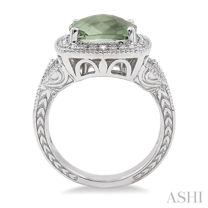 10x10 MM Cushion Shape Green Amethyst and 1/20 Ctw Round Cut Diamond Ring in Sterling Silver