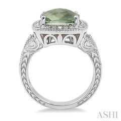 10x10 MM Cushion Shape Green Amethyst and 1/20 Ctw Round Cut Diamond Ring in Sterling Silver