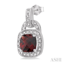 8x8 MM Cushion Shape Garnet and 1/10 Ctw Round Cut Diamond Earrings in Sterling Silver