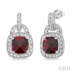 8x8 MM Cushion Shape Garnet and 1/10 Ctw Round Cut Diamond Earrings in Sterling Silver