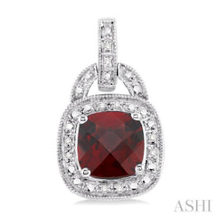 8x8 MM Cushion Shape Garnet and 1/10 Ctw Round Cut Diamond Earrings in Sterling Silver