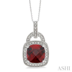 10x10 MM Cushion Shape Garnet and 1/20 Ctw Round Cut Diamond Pendant in Sterling Silver with Chain