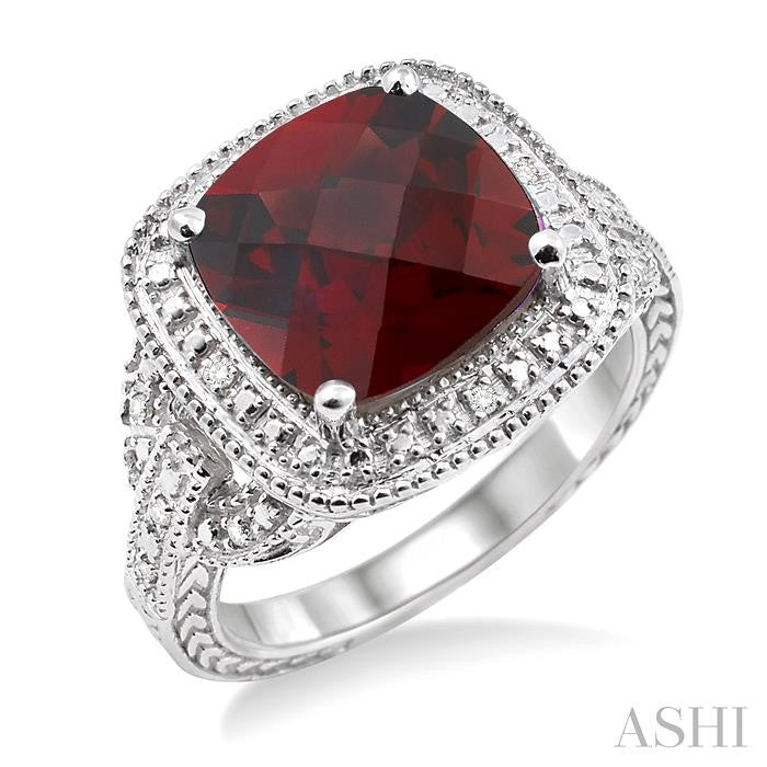 10x10 MM Cushion Shape Garnet and 1/20 Ctw Round Cut Diamond Ring in Sterling Silver