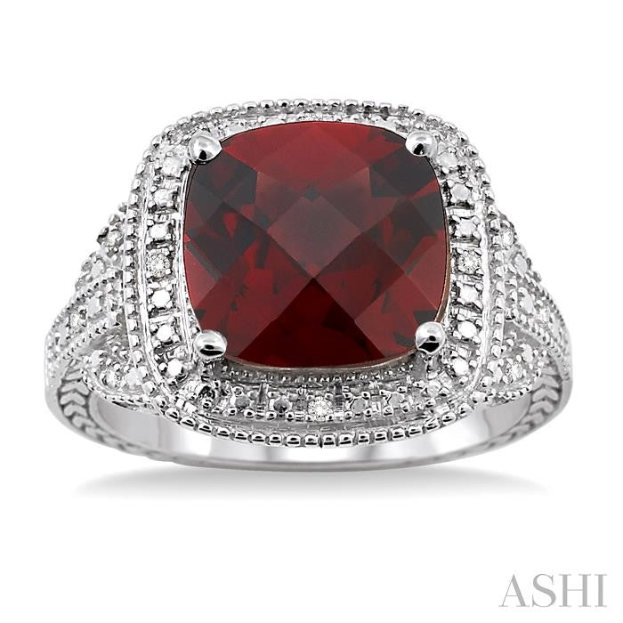 10x10 MM Cushion Shape Garnet and 1/20 Ctw Round Cut Diamond Ring in Sterling Silver