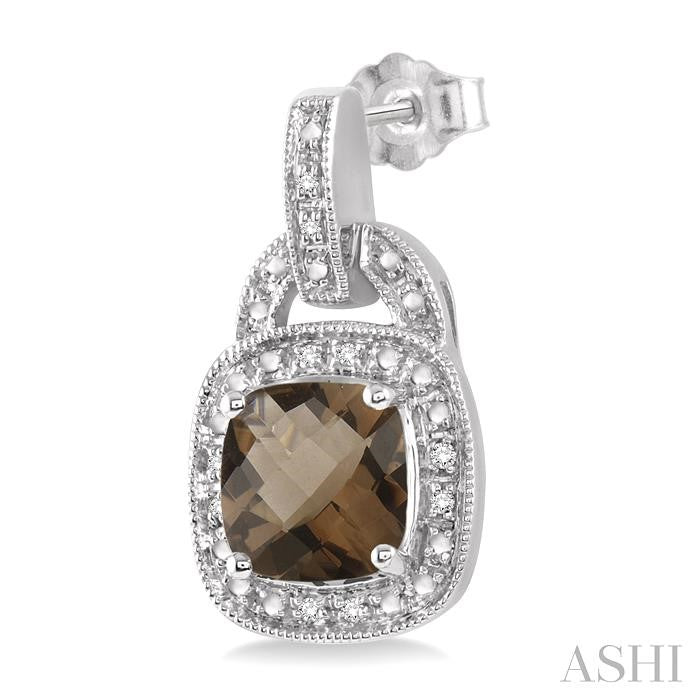 8x8 MM Cushion Shape Smoky Quartz and 1/10 Ctw Round Cut Diamond Earrings in Sterling Silver