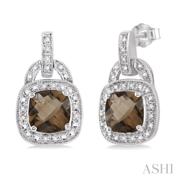 8x8 MM Cushion Shape Smoky Quartz and 1/10 Ctw Round Cut Diamond Earrings in Sterling Silver