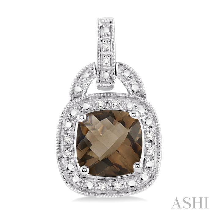 8x8 MM Cushion Shape Smoky Quartz and 1/10 Ctw Round Cut Diamond Earrings in Sterling Silver