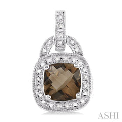 8x8 MM Cushion Shape Smoky Quartz and 1/10 Ctw Round Cut Diamond Earrings in Sterling Silver