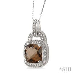 10x10 MM Cushion Shape Smoky Quartz and 1/20 Ctw Round Cut Diamond Pendant in Sterling Silver with Chain
