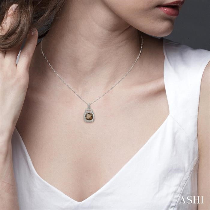 10x10 MM Cushion Shape Smoky Quartz and 1/20 Ctw Round Cut Diamond Pendant in Sterling Silver with Chain