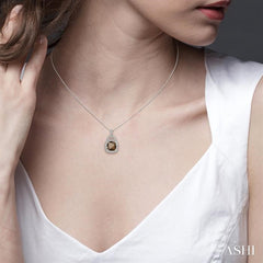 10x10 MM Cushion Shape Smoky Quartz and 1/20 Ctw Round Cut Diamond Pendant in Sterling Silver with Chain