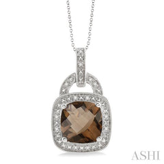 10x10 MM Cushion Shape Smoky Quartz and 1/20 Ctw Round Cut Diamond Pendant in Sterling Silver with Chain