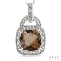 10x10 MM Cushion Shape Smoky Quartz and 1/20 Ctw Round Cut Diamond Pendant in Sterling Silver with Chain