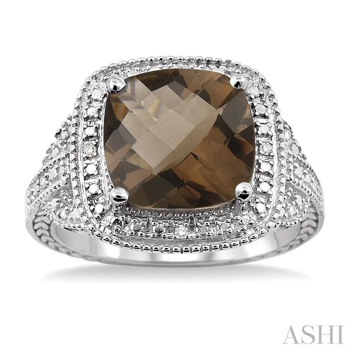 10x10 MM Cushion Shape Smoky Quartz and 1/20 Ctw Round Cut Diamond Ring in Sterling Silver