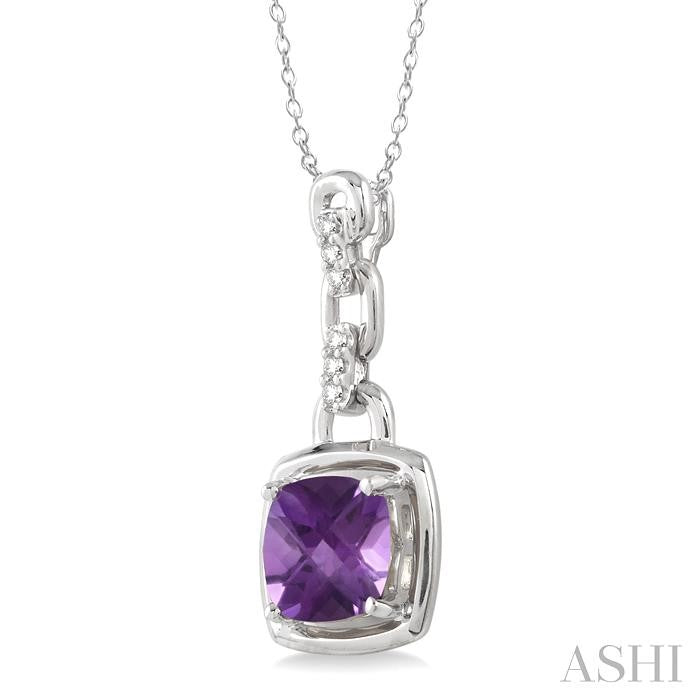 8x8 MM Cushion Checker Amethyst and 1/20 Ctw Single Cut Diamond Pendant in Sterling Silver with Chain