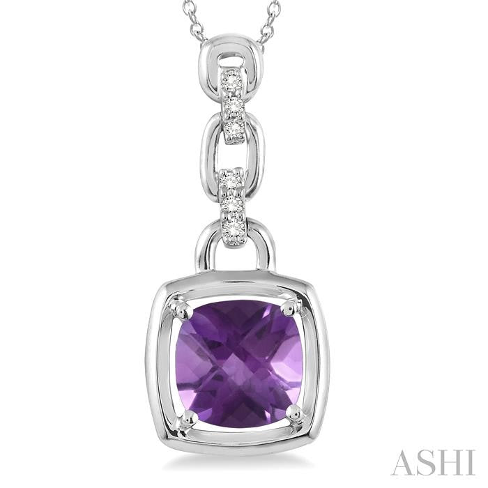 8x8 MM Cushion Checker Amethyst and 1/20 Ctw Single Cut Diamond Pendant in Sterling Silver with Chain